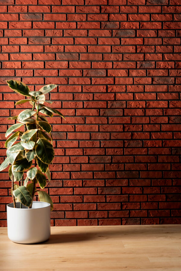 A faux red brick feature wall with a plant in a white pot in front on wooden flooring