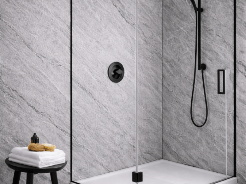 Pyramid Panels - Dark Carrara WetWall Panel shower render (1) (1)